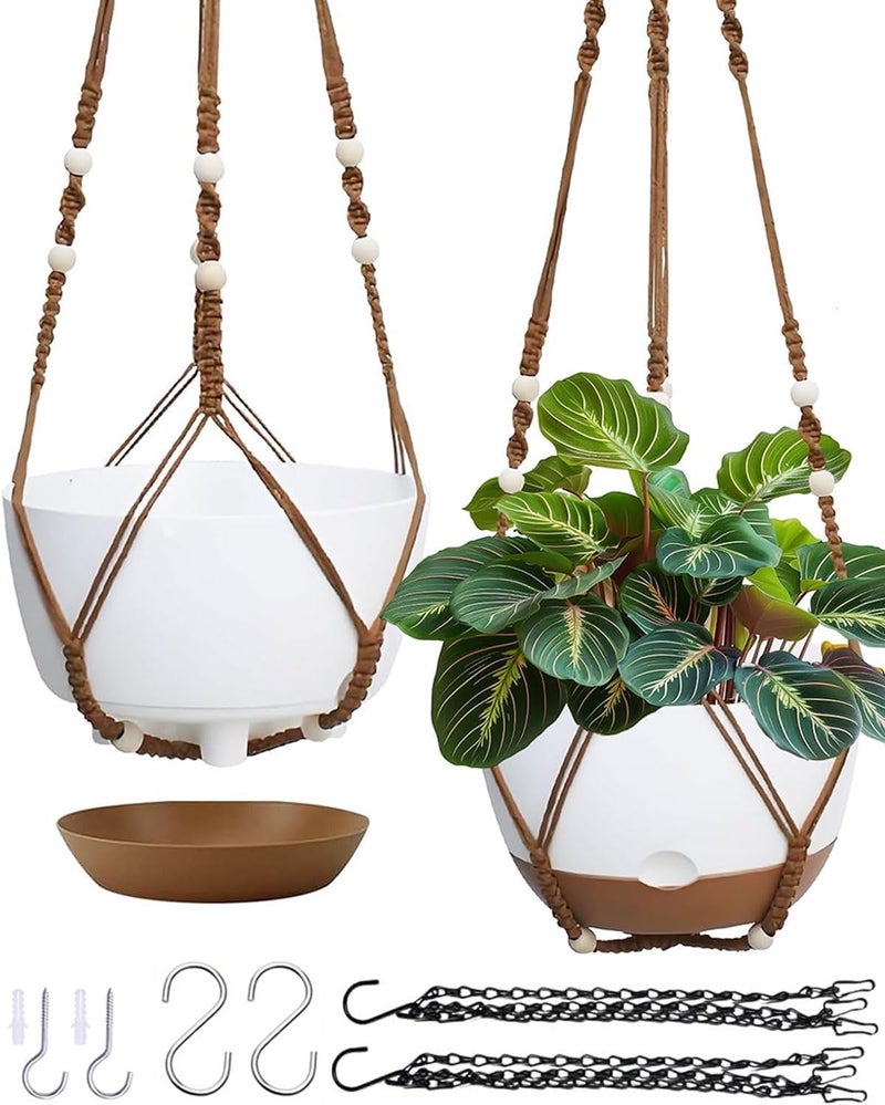 Koalaime 2 Pack Hanging Planters Set,10 Inch Indoor Outdoor Hanging Plant Pot Basket,Hanging Flower Pot with Drainage Hole with 3 Hooks for Garden Home(Caramel Hanger White Planters) - Image 1